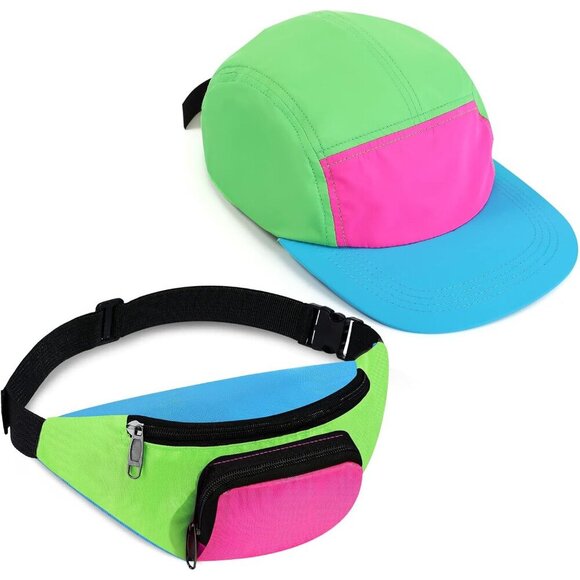 Neon Fanny Pack Set with Adjustable Hat for 80s 90s Theme Parties